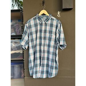 John Blair Men’s 2XL Cotton Shirt Blue Plaid Short Sleeve Button Up Pockets